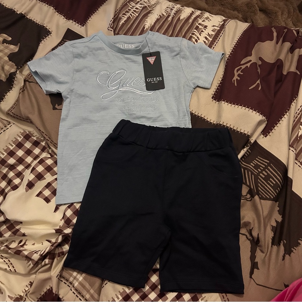Guess Baby Embroidered Light Gray Tee and Dark Shorts